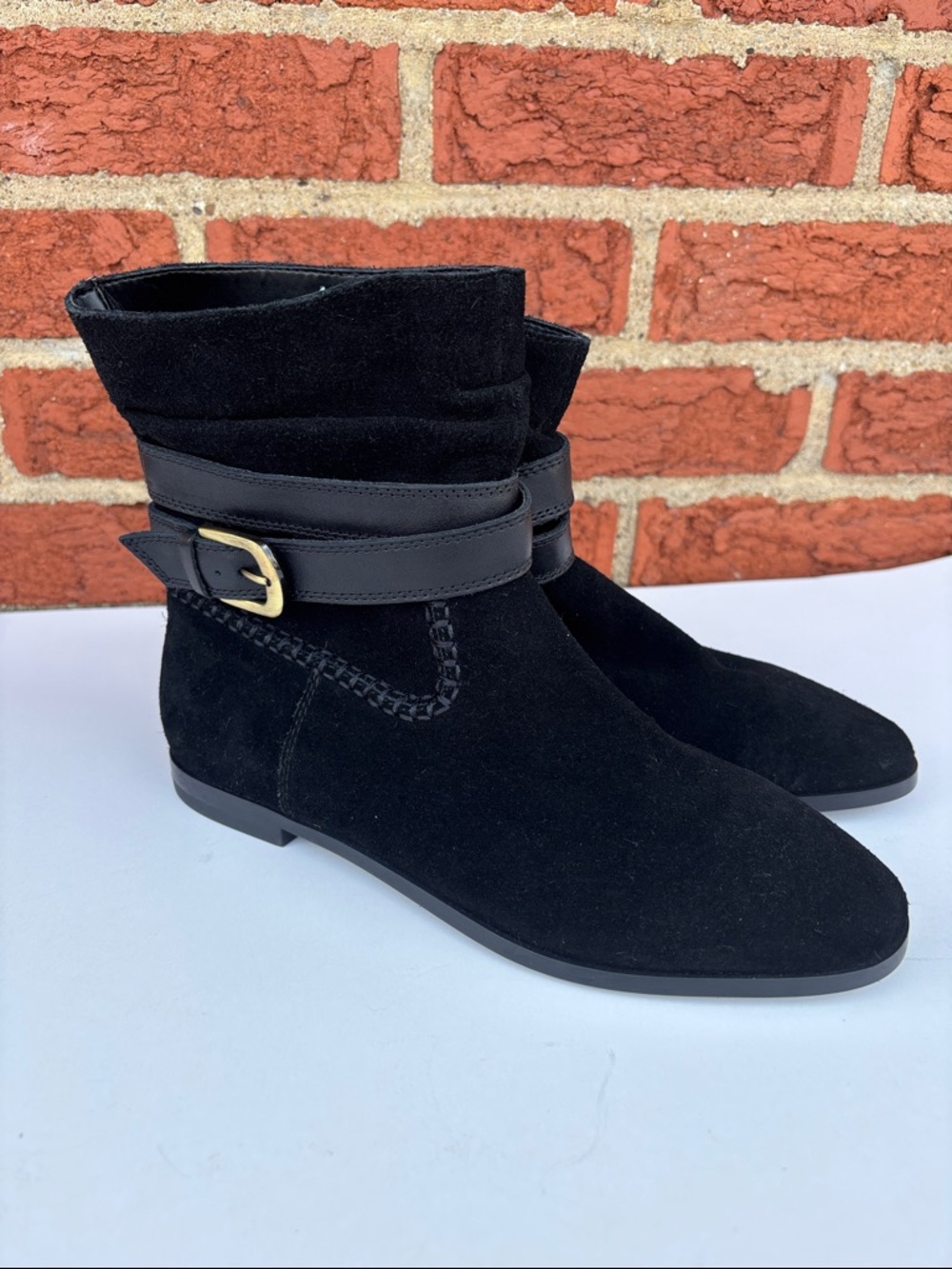 M&S Black Suede Ruched Ankle Boots with Buckle Strap